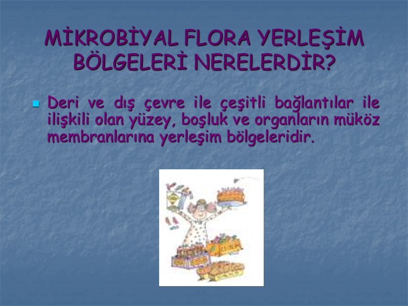 MİKROBİYAL FLORA YERLEŞİM BÖLGELERİ NERELERDİR? Deri ve dış çevre ile çeşitli bağlantılar ile ilişkili